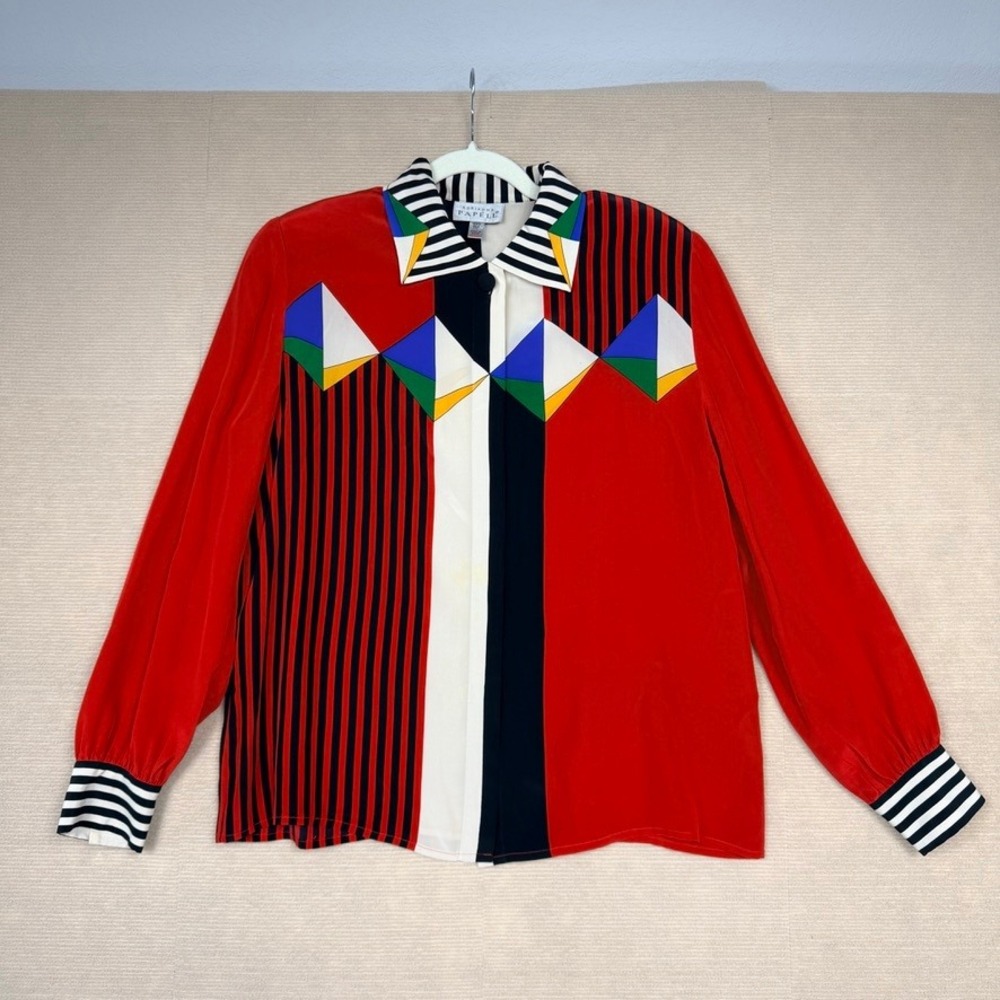 Vintage Adrianna Papell Silk Blouse Geometric Colorblock Striped Red Size 14